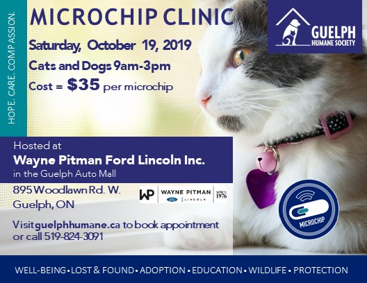 Microchip clinic, Saturday, October 19, 2019, for cats and dogs, 9 a.m. to 3 p.m. Cost: $35 per microchip. Hosted at Wayne Pitman Ford Lincoln Inc. in the Guelph Auto Mall, 895 Woodlawn Rd. W., Guelph, Ontario. Visit guelphhumane.ca to book an appointment or call 519-824-3091.