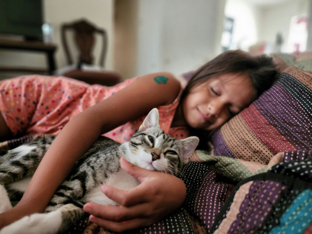 A young girl lies on a bed with her arm around a tabby cat, both with their eyes closed.